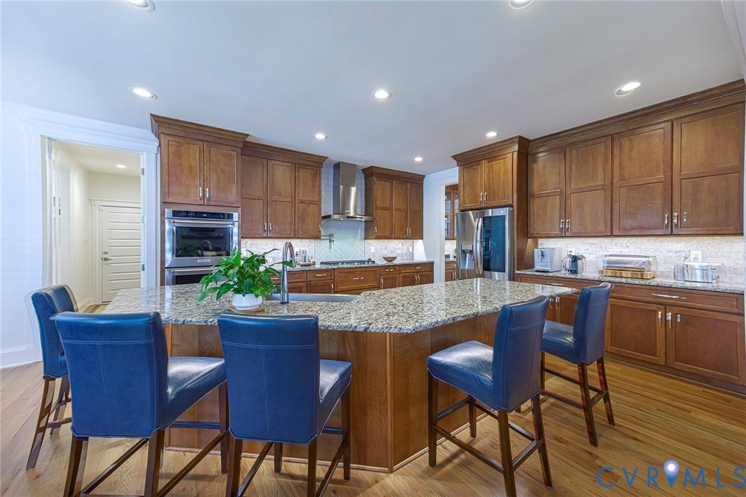 2112 Avada Drive, Newmarket Estates, Midlothian, VA 23112 Kitchen Island with Kitchen Aid Double Oven, Custom Built 47 Inch Upper Cabinets