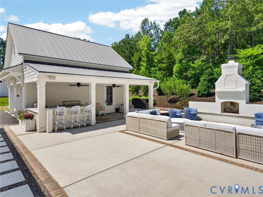 Outdoor living area featuring a covered patio, built-in outdoor kitchen with bar seating, and a stone fireplace
