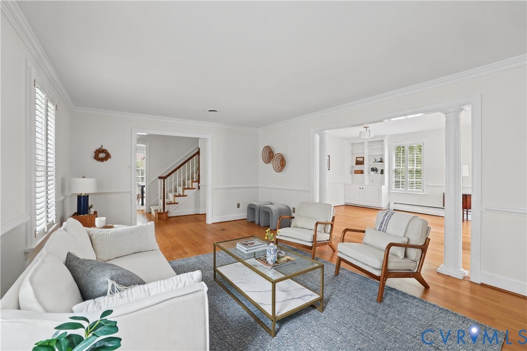 5418 Cary Street Road, Richmond, VA 23226 Hardwood flooring, crown molding, chair rail millwork, structural columns, and built-in shelving