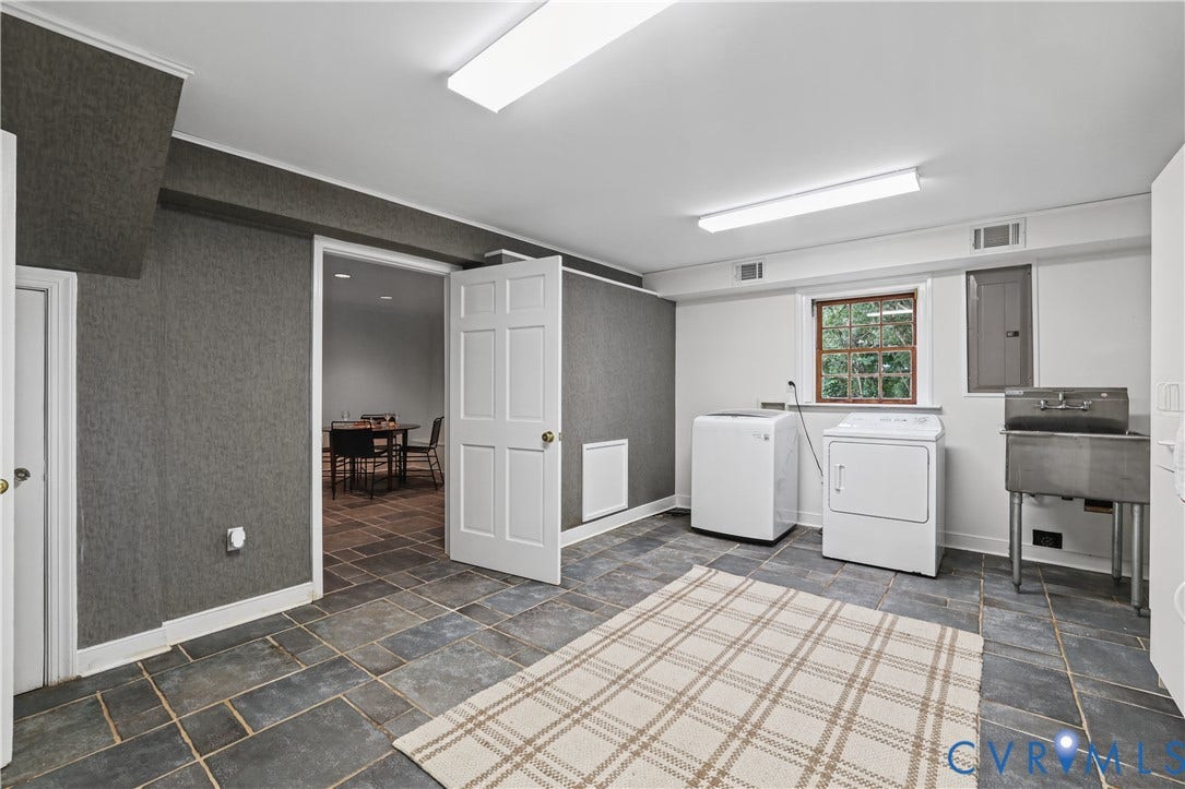 5418 Cary Street Road, Richmond, VA 23226 Laundry room featuring stone tile flooring, charcoal-toned walls, and a stainless steel utility sink