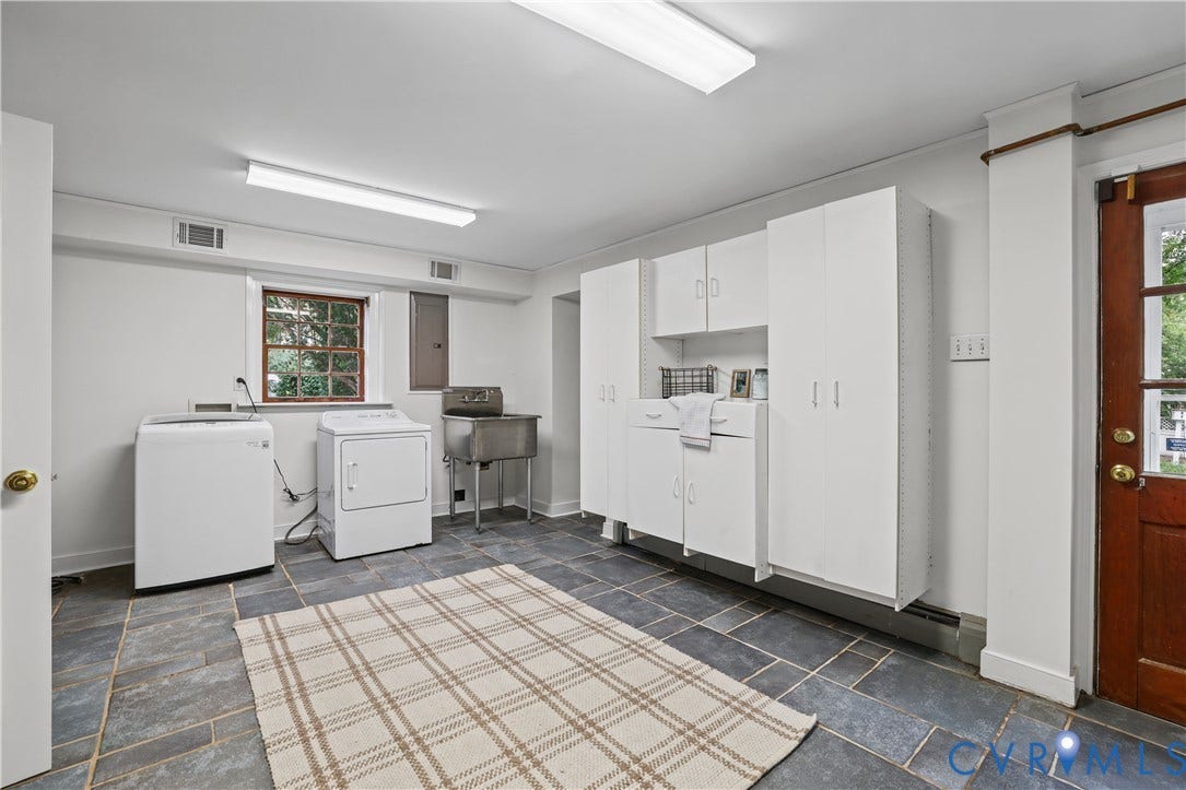 5418 Cary Street Road, Richmond, VA 23226 Laundry area featuring stone-finish tile flooring, white built-in cabinetry, stainless steel utility sink, and a glass-paneled exterior door