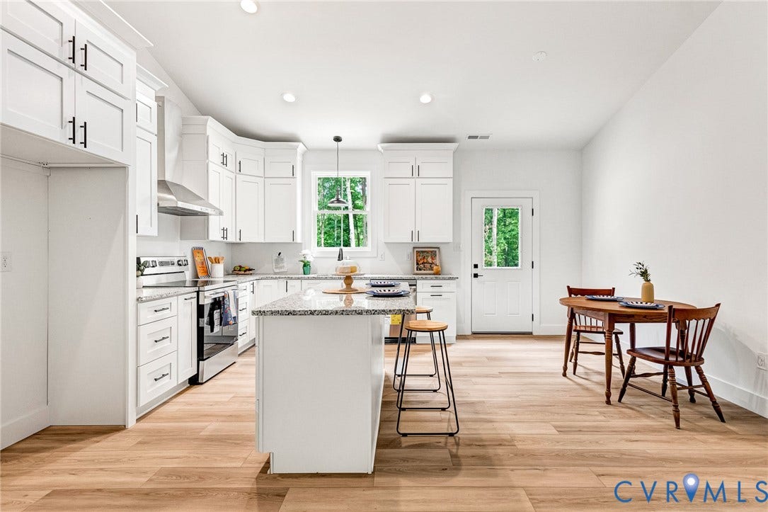 716 Pine Harbour Drive, Pine Harbour, Mineral, VA 23117 Open-concept kitchen featuring white shaker cabinetry, stainless steel appliances, a center island with bar seating, light-colored granite countertops, and wood-finish flooring