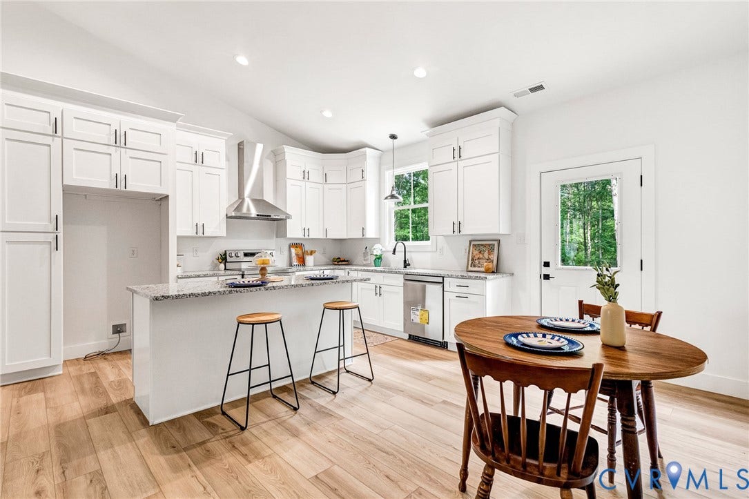 716 Pine Harbour Drive, Pine Harbour, Mineral, VA 23117 Bright kitchen featuring white shaker cabinetry, stainless steel appliances, granite countertops, and wood-finish flooring