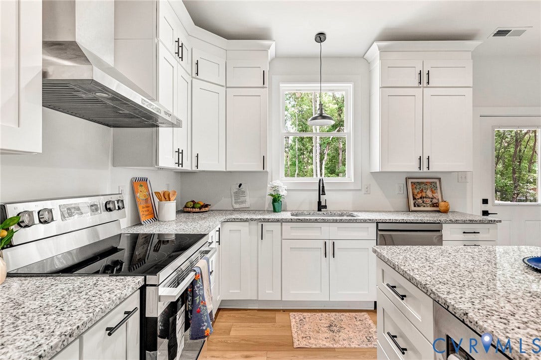 716 Pine Harbour Drive, Pine Harbour, Mineral, VA 23117 Kitchen featuring white shaker cabinetry, granite countertops, wood-finish flooring, stainless steel appliances, and a window over the sink
