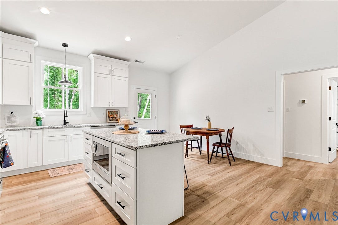 716 Pine Harbour Drive, Pine Harbour, Mineral, VA 23117 Modern kitchen featuring white shaker cabinetry, granite countertops, wood-finish flooring, a central island with built-in microwave, and recessed lighting