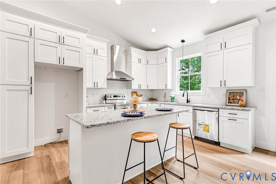 716 Pine Harbour Drive, Pine Harbour, Mineral, VA 23117 Modern kitchen featuring white shaker cabinetry, granite countertops, wood-finish flooring, stainless steel appliances, and a central island with seating