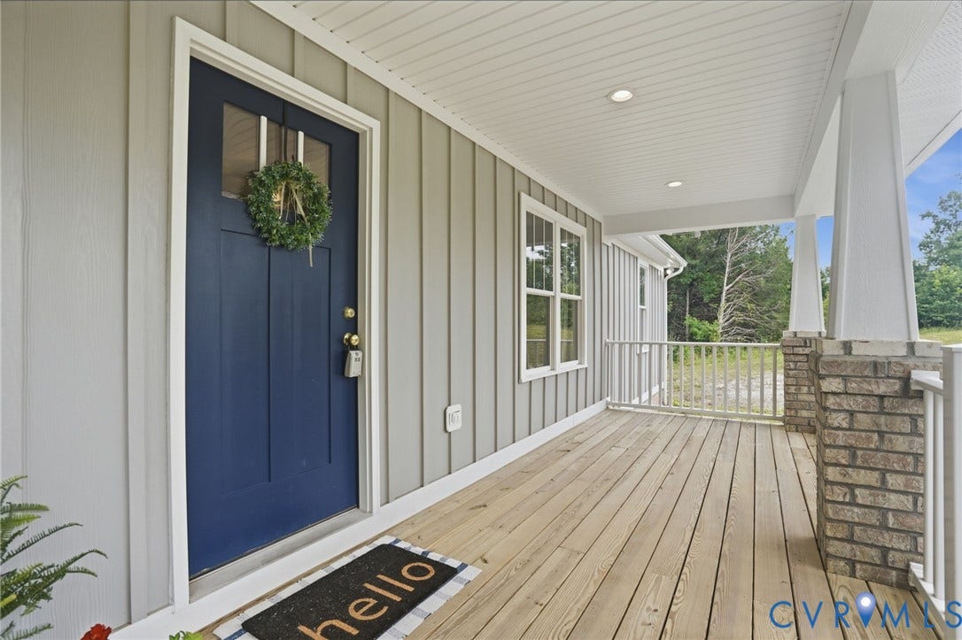 2677 Dogtown Road, Goochland, VA 23063 Front porch entry with a deep blue door featuring upper glass panels