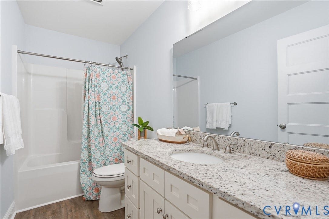 2677 Dogtown Road, Goochland, VA 23063 Bathroom featuring a single vanity with an integrated sink, speckled countertop, and wood-finish flooring