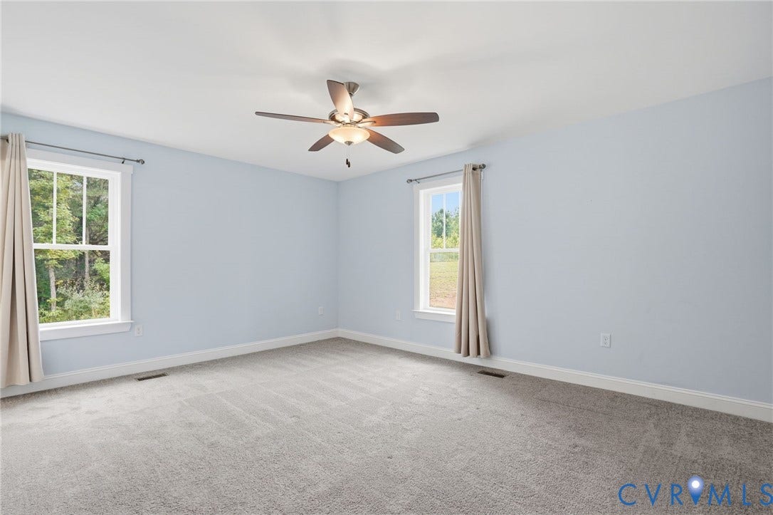 2677 Dogtown Road, Goochland, VA 23063 Spacious room featuring light blue walls, gray carpeting, and a ceiling fan with integrated lighting