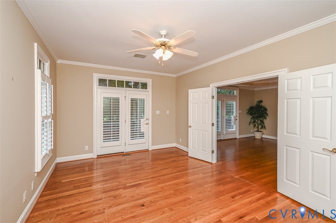 10809 Leabrook Drive, Wyndham, Glen Allen, VA 23059 Flex Room that was used as an office with hardwood floors, custom plantation shutter, and door to the exterior deck overlooking the golf course