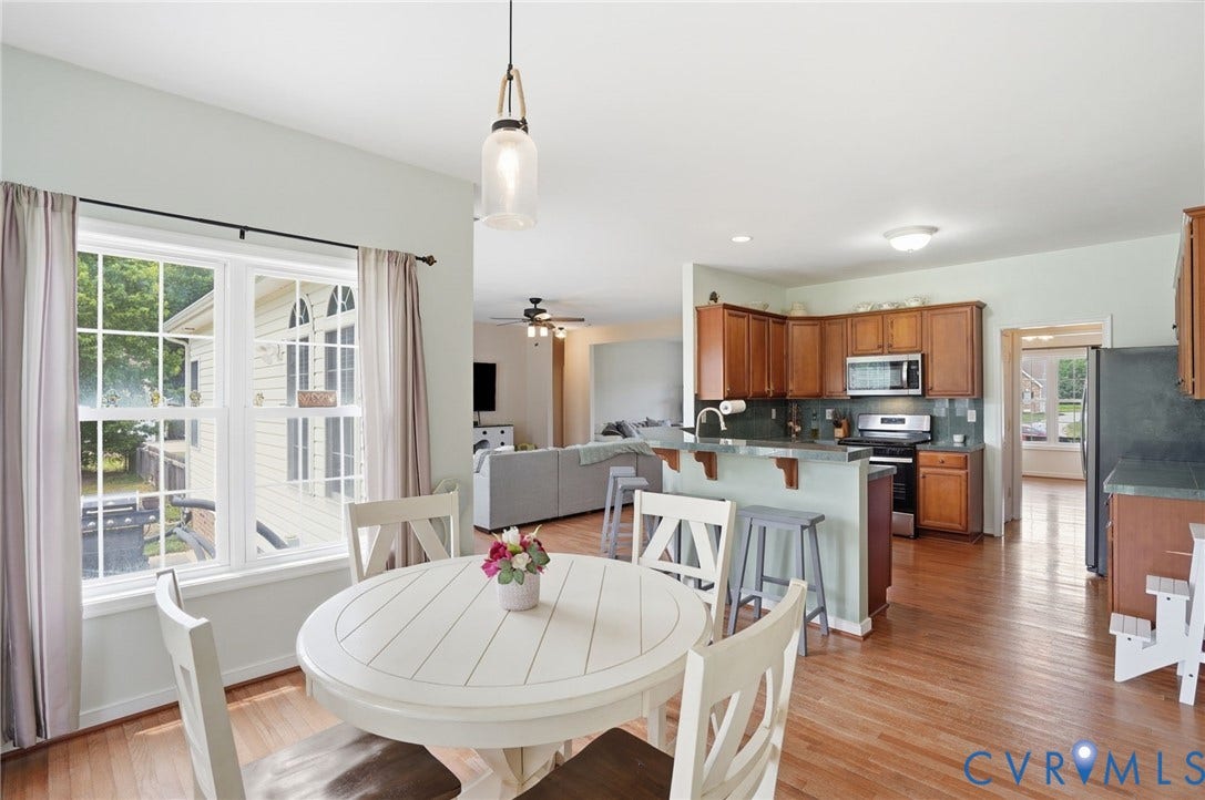 5305 Wellington Ridge Road, Richmond, VA 23231 Breakfast nook featuring a round white wood-finish table, a window with grid panes, and wood-finish flooring