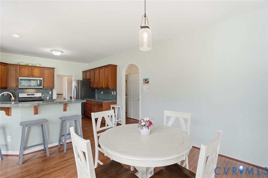 5305 Wellington Ridge Road, Richmond, VA 23231 Dining area featuring wood-finish flooring and a contemporary pendant light fixture