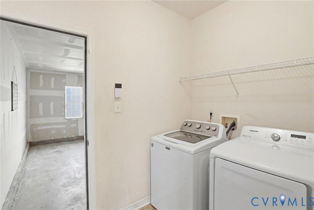 5305 Wellington Ridge Road, Richmond, VA 23231 Dedicated laundry space featuring a wire shelving unit, painted walls, and concrete flooring