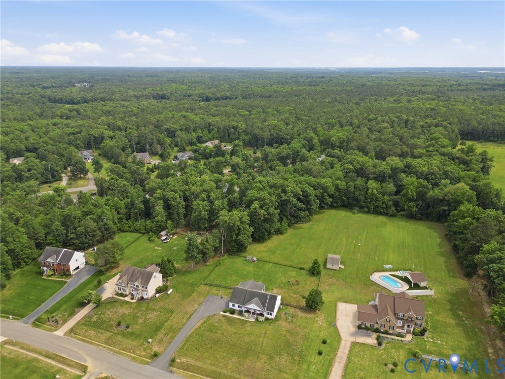 5305 Wellington Ridge Road, Richmond, VA 23231 Expansive property featuring a large in-ground swimming pool, a detached outbuilding, and a substantial cleared green space