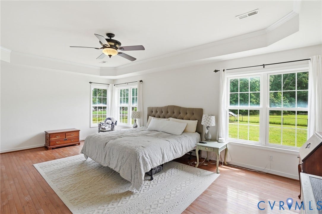 5305 Wellington Ridge Road, Richmond, VA 23231 Spacious room with wood-finish flooring, white walls, and a tray ceiling