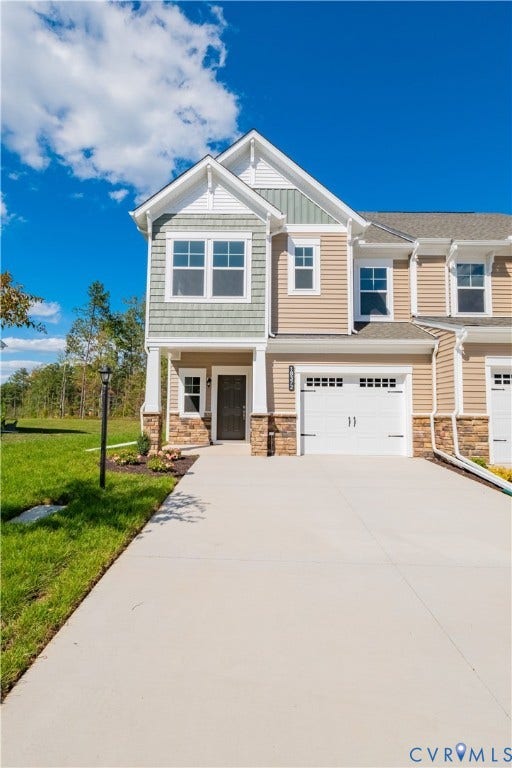 18372 Palisades Court, Chesterfield, VA 23120 Modern townhome exterior featuring multi-toned siding, a one-car garage, stone veneer accents, and a paved driveway