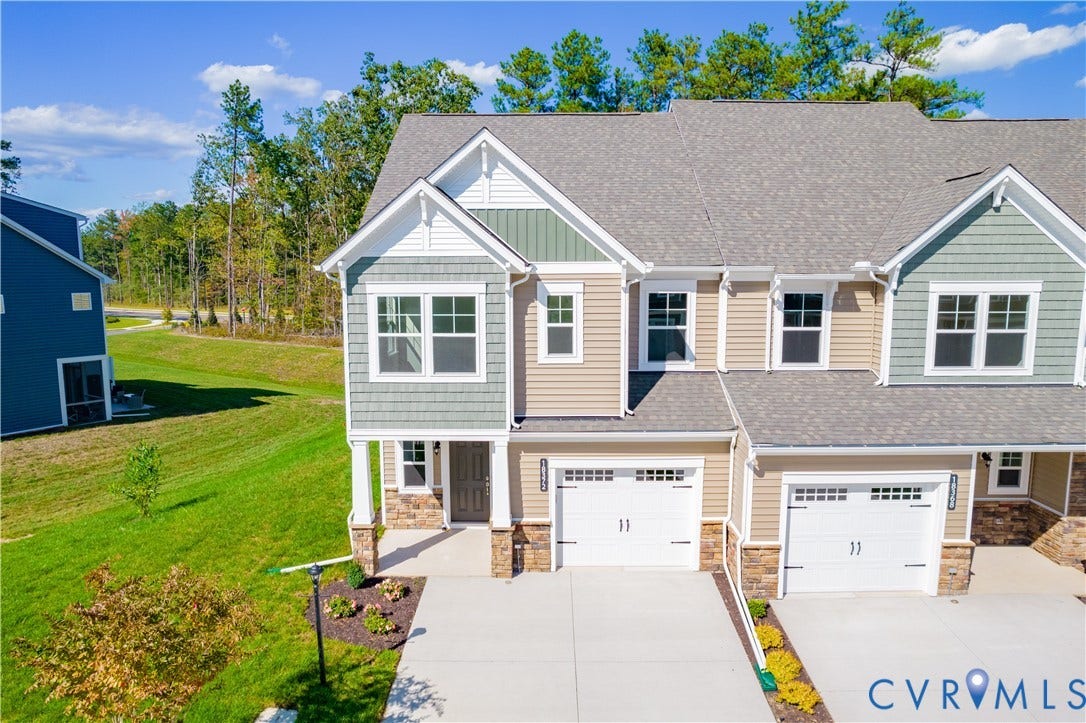 18372 Palisades Court, Chesterfield, VA 23120 Contemporary townhome exterior featuring multi-toned siding, a partial stone facade, an attached single-car garage, and a concrete driveway