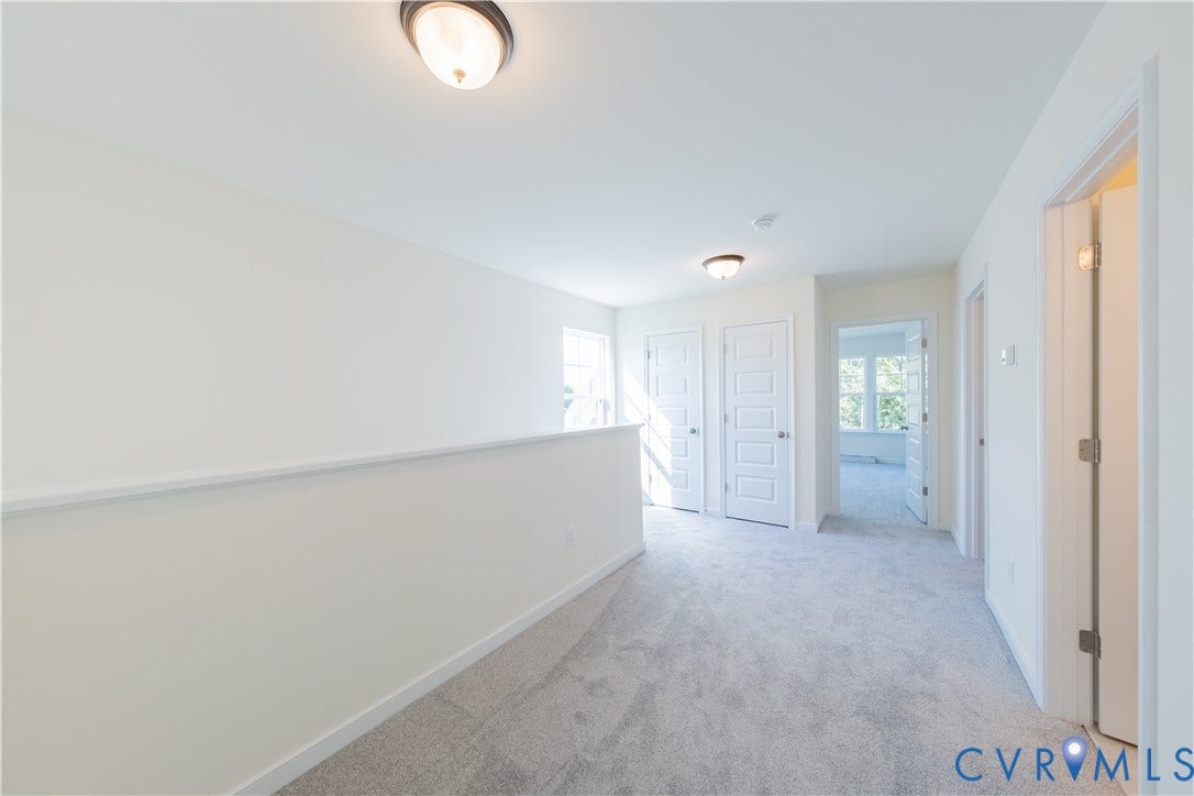 18372 Palisades Court, Chesterfield, VA 23120 Carpeted hallway featuring multiple white paneled doors, neutral wall paint, and flush-mount ceiling lights