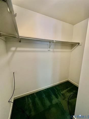 Recessed closet featuring dual metal hanging rods, an upper storage shelf, white painted walls, and green carpet flooring