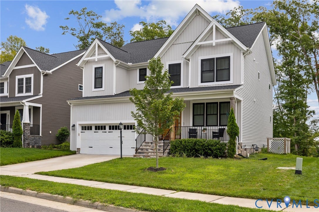7125 Jones Run Lane, Glen Abby, Moseley, VA 23120 Contemporary two-story residence featuring light gray siding and a dark shingle roof