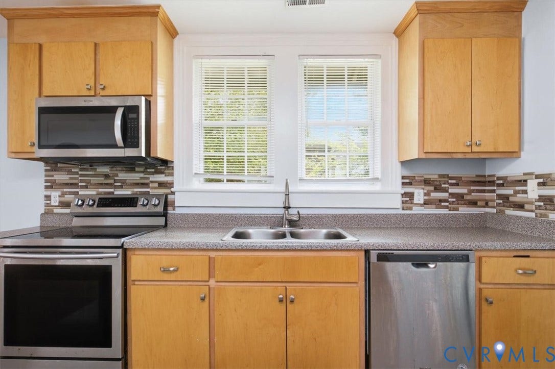 125 Richmond Avenue, Colonial Heights, VA 23834 Kitchen featuring stainless steel appliances, light wood-finish cabinetry, and a mosaic tile backsplash