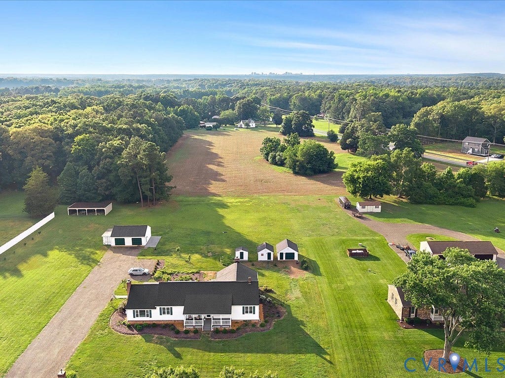 2376 Mill Road, Acreage, Henrico, VA 23231 Aerial view showing 6 outbuildings including a 2-car garage, covered shed, and four additional sheds/garge spaces