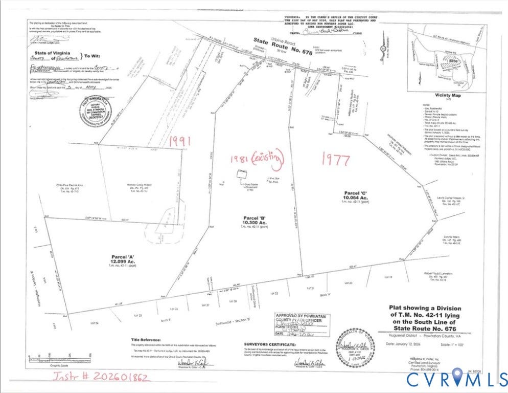 Plat. Illustrating a property division along State Route No