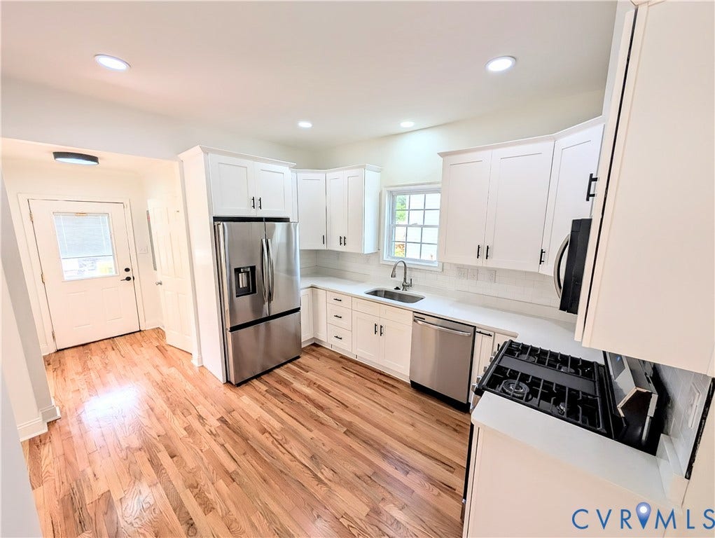 3216 Enslow Avenue, Richmond, VA 23222 Kitchen featuring stainless steel appliances, white cabinetry with matte black hardware, light-toned countertops, and wood-finish flooring