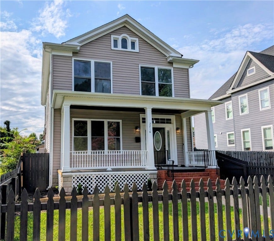 3216 Enslow Avenue, Richmond, VA 23222 Two-story residence featuring light gray siding, white trim, and a covered front porch with white railing