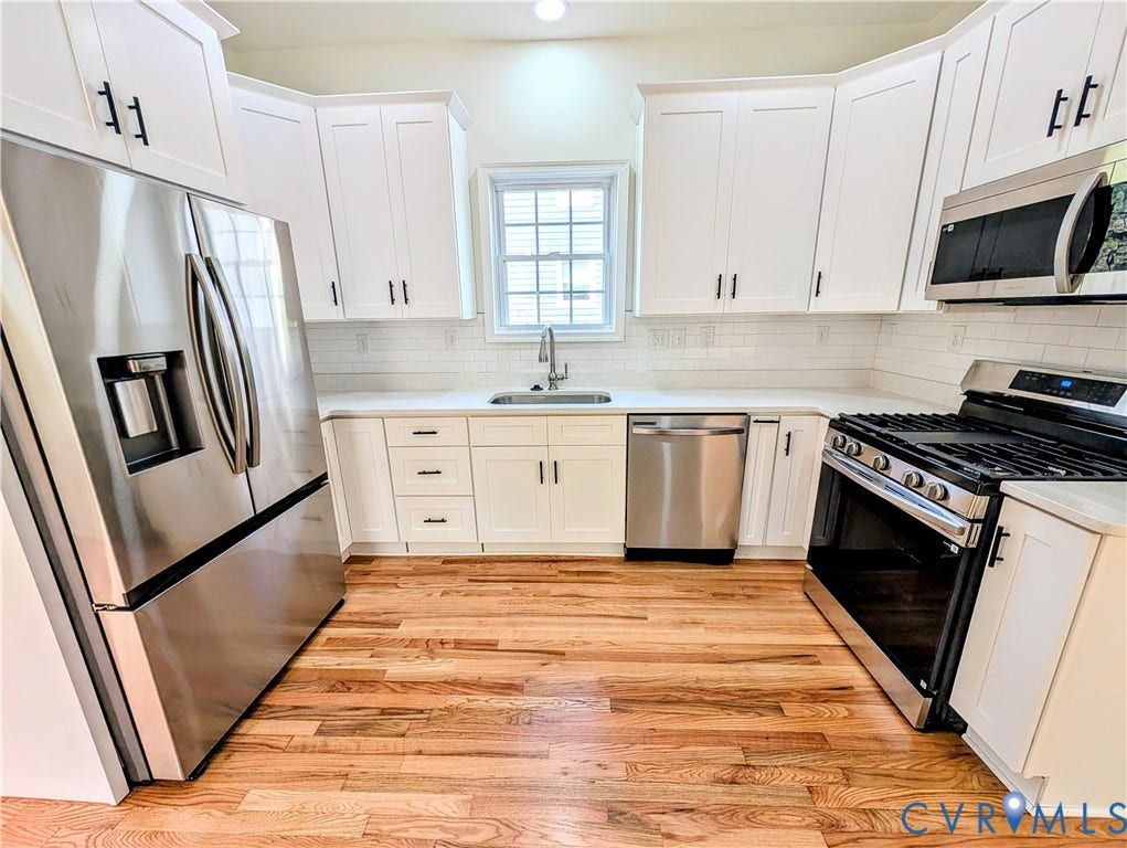3216 Enslow Avenue, Richmond, VA 23222 Modern kitchen featuring white shaker cabinetry, stainless steel appliances, light countertops, subway tile backsplash, and wood-finish flooring