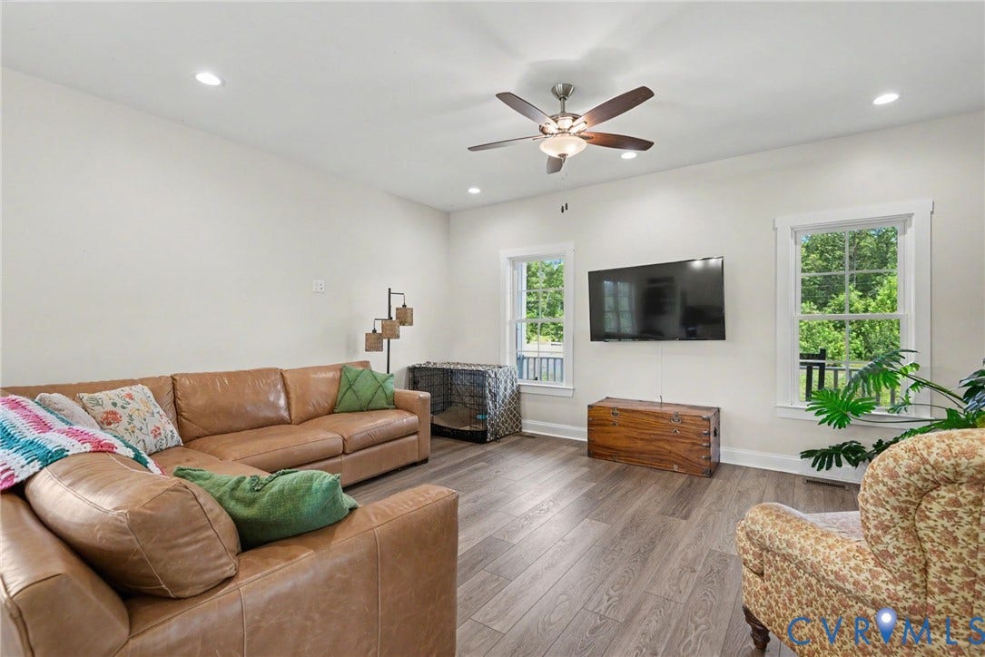 815 Kennon Road, Northeast Creek Reservoir Subd, Mineral, VA 23117 Living area featuring wood-finish flooring, recessed lighting, and a ceiling fan