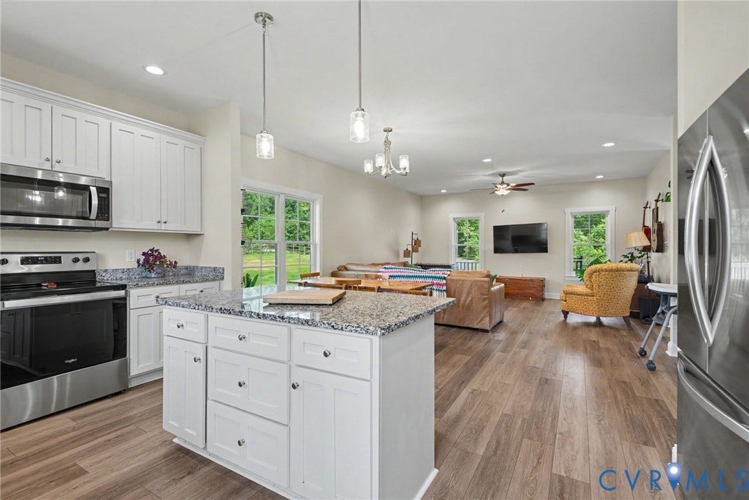 815 Kennon Road, Northeast Creek Reservoir Subd, Mineral, VA 23117 Kitchen featuring white cabinetry, stainless steel appliances, speckled countertops, and an island with pendant lighting
