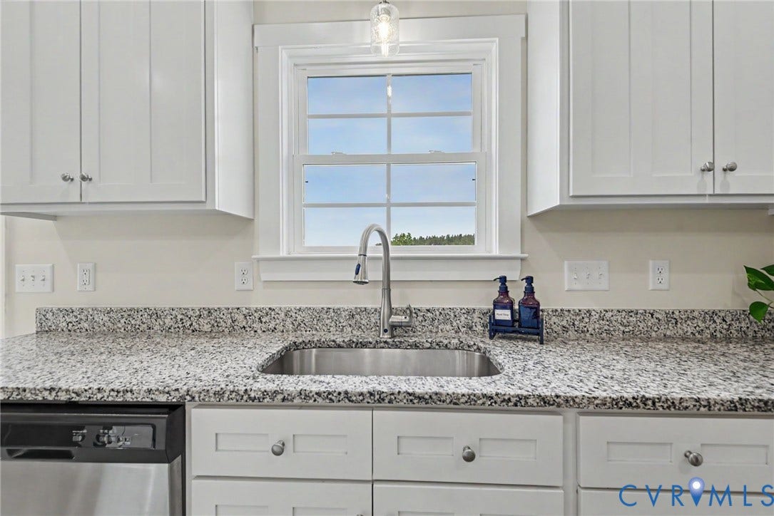 815 Kennon Road, Northeast Creek Reservoir Subd, Mineral, VA 23117 Kitchen featuring an undermount stainless steel sink, a gooseneck faucet, light-toned countertops, white shaker-style cabinetry, and a window with white trim