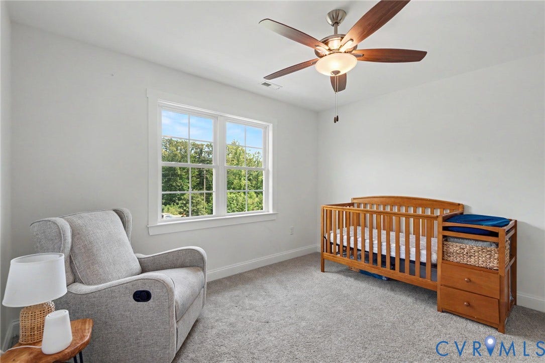 815 Kennon Road, Northeast Creek Reservoir Subd, Mineral, VA 23117 Bright room featuring a ceiling fan with integrated lighting, a double-hung window with white trim, and light gray carpeting