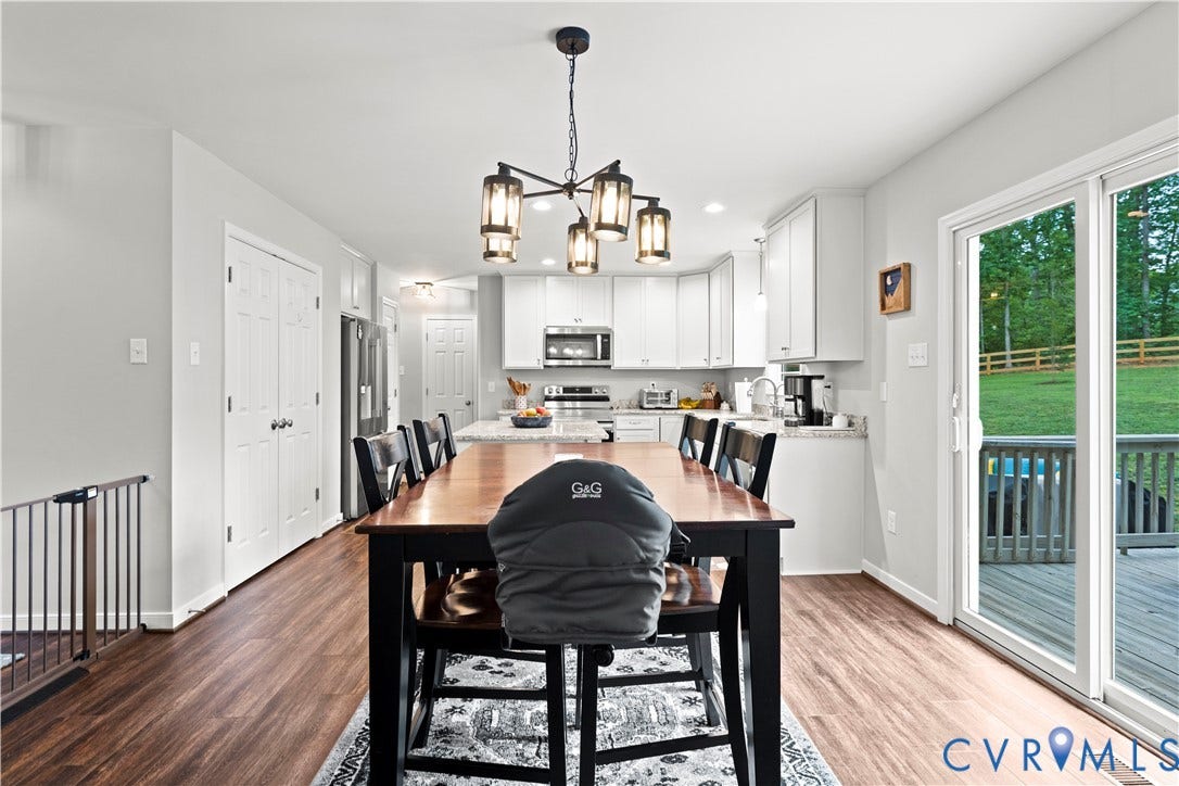 Open-concept kitchen and dining area featuring wood-finish flooring, white cabinetry, a kitchen island with seating, stainless steel appliances, and a glass sliding door leading to an outdoor deck