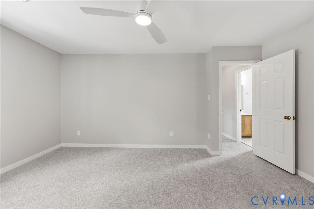 9500 Mesquite Road, Glen Allen, VA 23060 Spacious room featuring light gray carpeting, neutral wall color, and a contemporary ceiling fan with integrated lighting