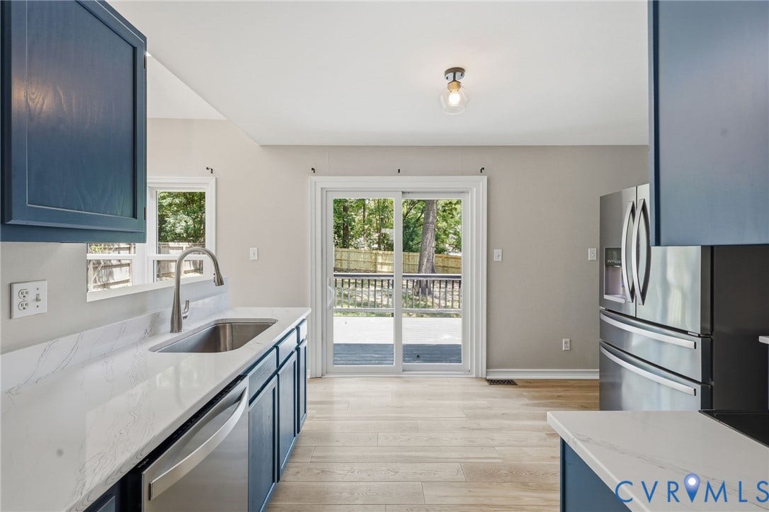 9500 Mesquite Road, Glen Allen, VA 23060 Contemporary kitchen featuring blue cabinetry, light-toned countertops, and stainless steel appliances