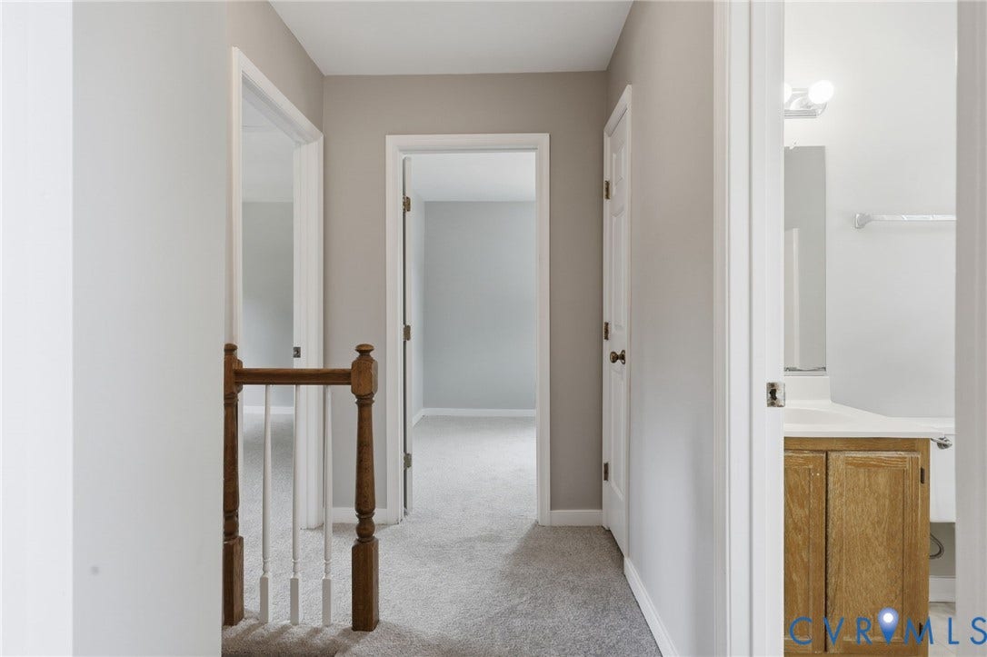 9500 Mesquite Road, Glen Allen, VA 23060 Upper level hallway featuring light gray carpet flooring and white trim