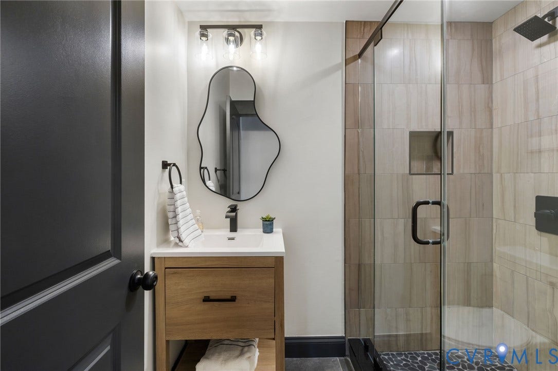 2627 Kensington Avenue, Museum District, Richmond, VA 23220 Bathroom featuring a glass-enclosed shower with tiled walls and a recessed niche