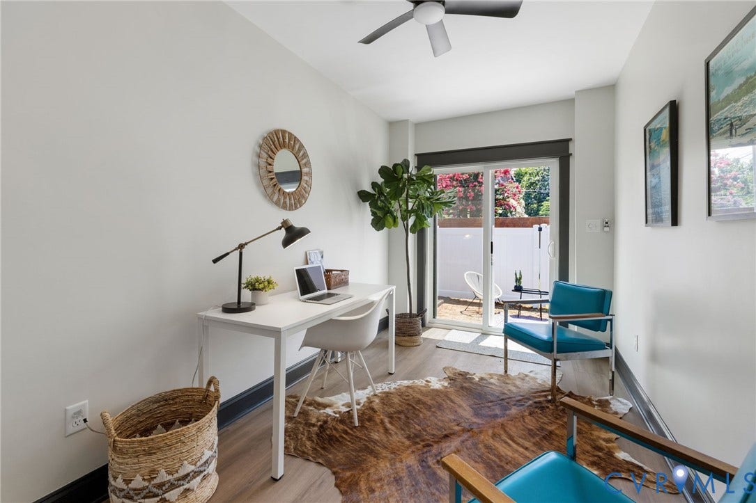 2627 Kensington Avenue, Museum District, Richmond, VA 23220 Bright room featuring wood-finish flooring, a ceiling fan, and a sliding glass door providing direct outdoor access to a private patio