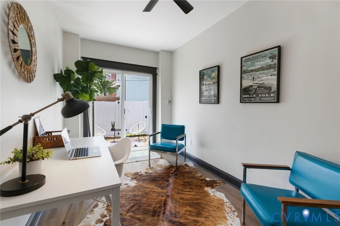 2627 Kensington Avenue, Museum District, Richmond, VA 23220 Bright room featuring wood-finish flooring, a ceiling fan, and access to an outdoor patio area
