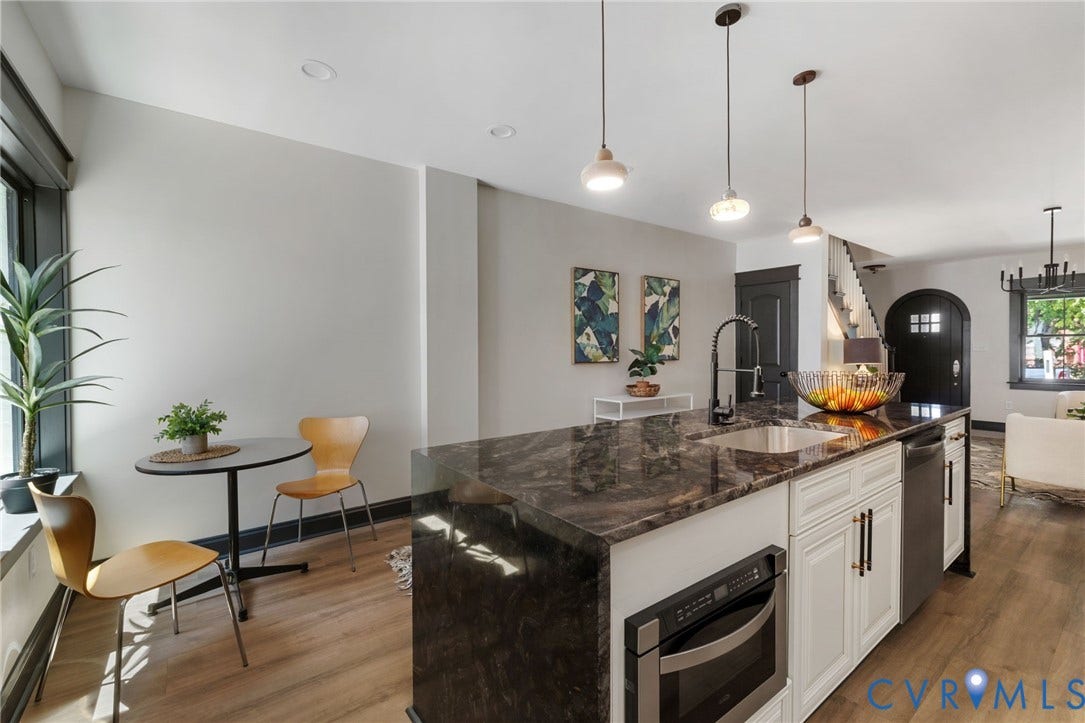 2627 Kensington Avenue, Museum District, Richmond, VA 23220 Kitchen island featuring a dark stone countertop, undermount sink with a black gooseneck faucet, integrated microwave, and white cabinetry with dark hardware
