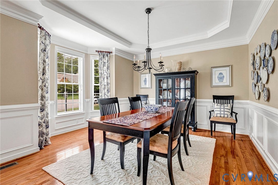 110 Manakin Parke Drive, The Parke At Manakin Woods, Manakin Sabot, VA 23103 Beautiful dining room with beautiful features: bay window with 2" blinds, a tray table with crown molding, picture frame molding, and chandelier.