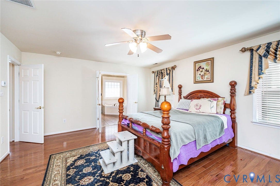 1900 Brilland Court, Glen Allen, VA 23060 Spacious room featuring wood-finish flooring, a ceiling fan with integrated lighting, and multiple windows with blinds