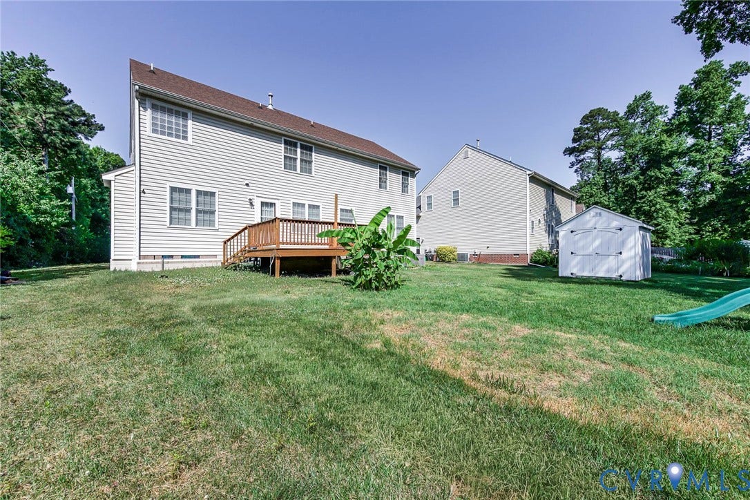 1900 Brilland Court, Glen Allen, VA 23060 Expansive rear yard featuring a wooden deck, vinyl siding, and a detached storage shed