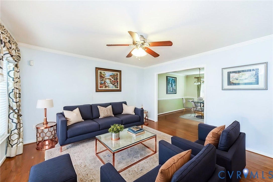 1900 Brilland Court, Glen Allen, VA 23060 Living area featuring wood-finish flooring, crown molding, and a ceiling fan with integrated lighting