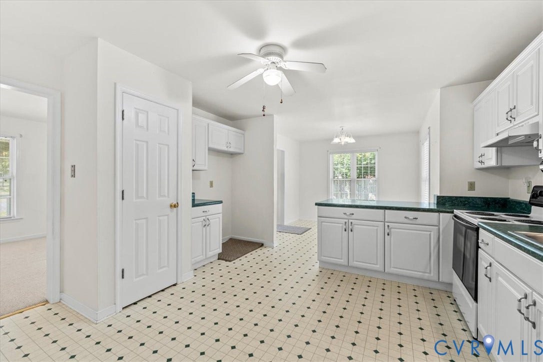 2924 Warfield Ridge Terrace, Chester, VA 23831 Kitchen featuring white cabinetry, green countertops, patterned flooring, a ceiling fan, and a built-in electric range