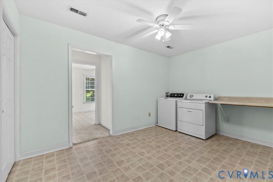 2924 Warfield Ridge Terrace, Chester, VA 23831 Utility room featuring neutral-toned resilient flooring, a ceiling fan with integrated lighting, and a built-in folding counter