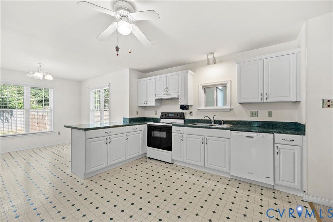 2924 Warfield Ridge Terrace, Chester, VA 23831 Kitchen with white cabinetry, dark green countertops, and white appliances