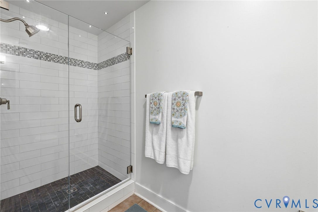 1443 Floyd Avenue, #208, The Fan, Richmond, VA 23220 tiled frameless shower in private bath for 2nd bedroom